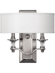 Sussex Double Sconce With Fabric Drum Shade in Brushed Nickel.